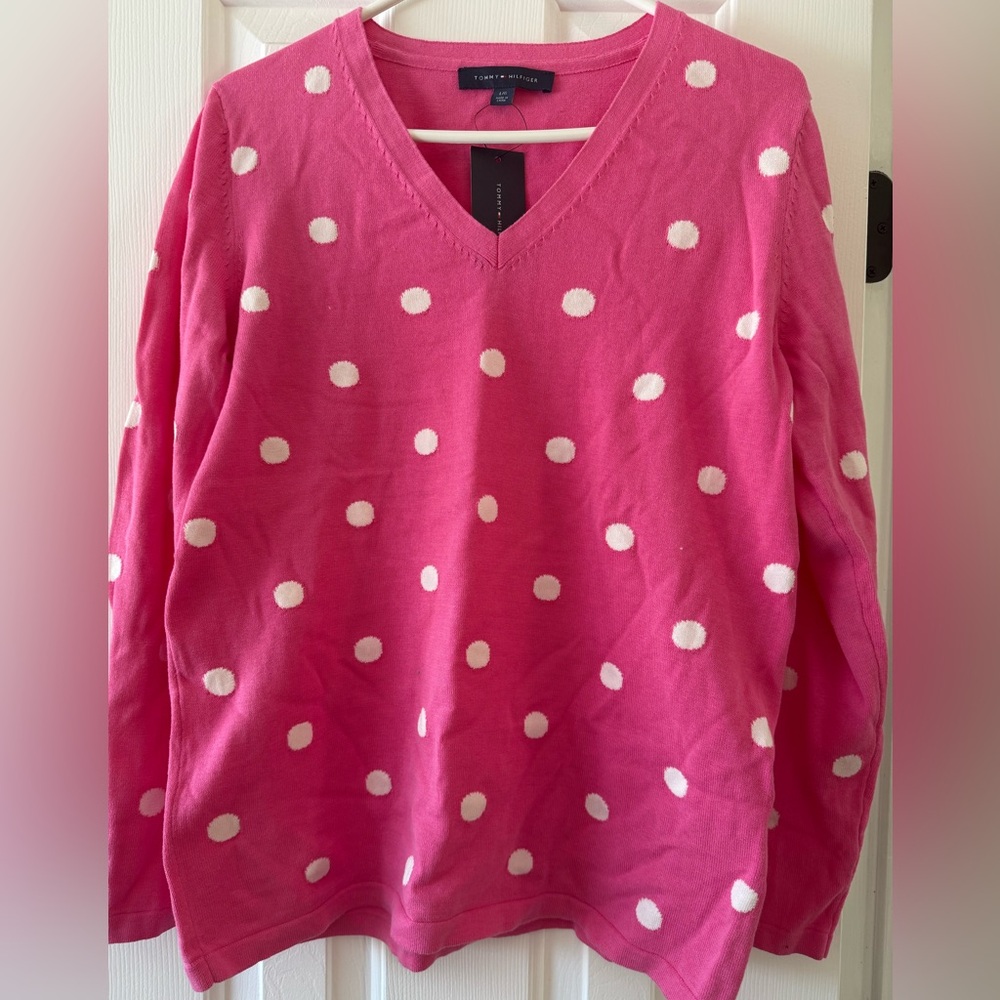 Tommy Hilfiger Pink and White Polka Dot V-Neck Sweater